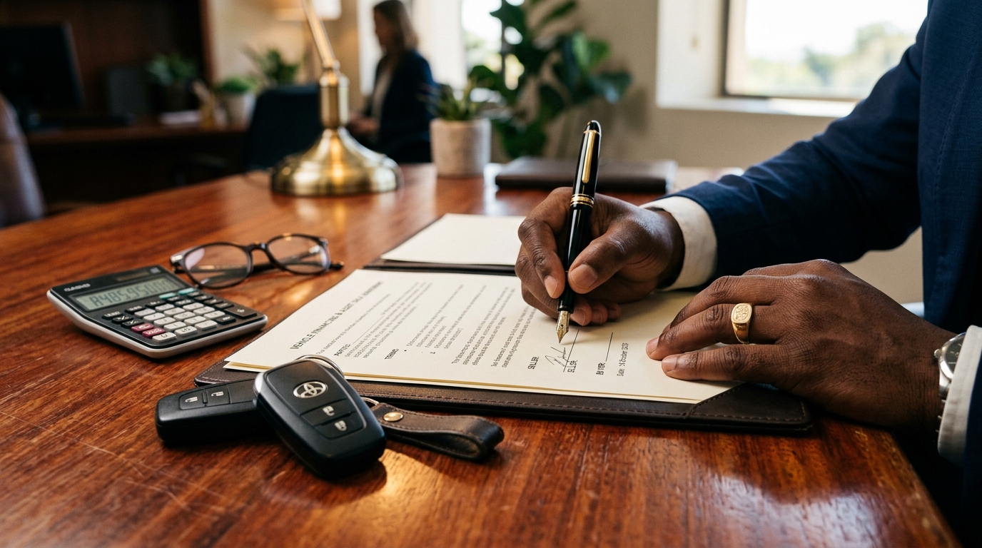 Signing a vehicle financing agreement at a Nairobi showroom — understanding flat rate versus reducing balance terms