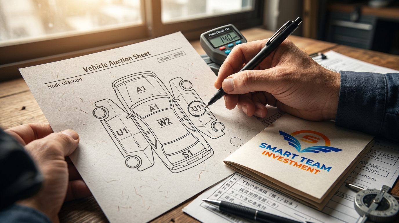 Decoding Japanese vehicle auction sheet body diagram defect codes and paint depth at Smart Team Investment