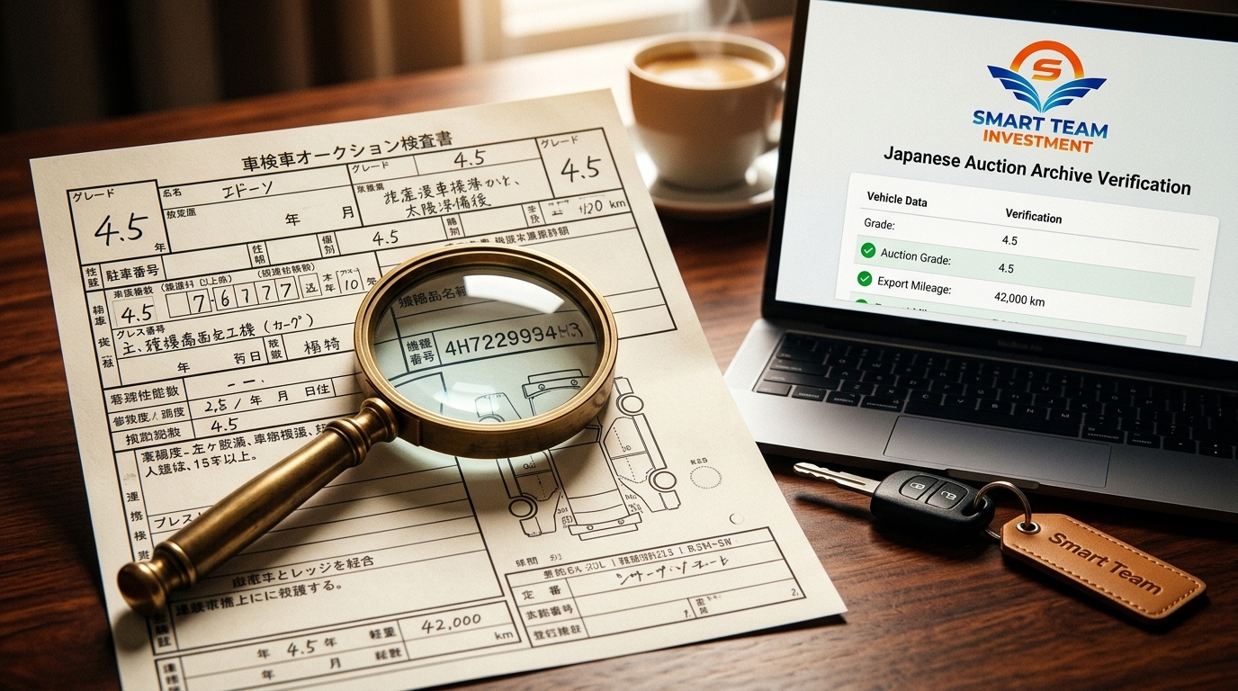 Original Japanese auction sheet chassis lookup and database verification at Smart Team Investment