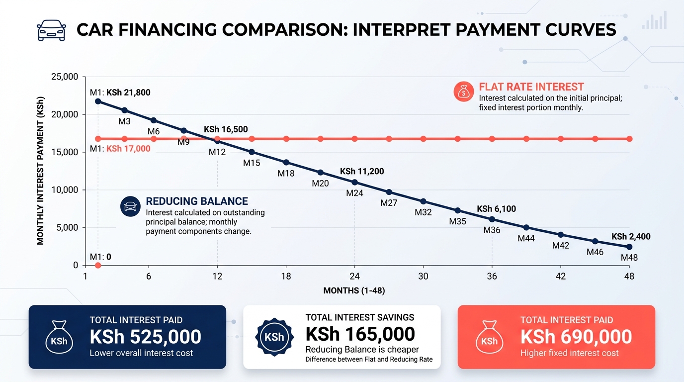 Interest payment curves: How a 12% flat rate secretly costs KSh 165,000 more than a 17% reducing-balance bank loan