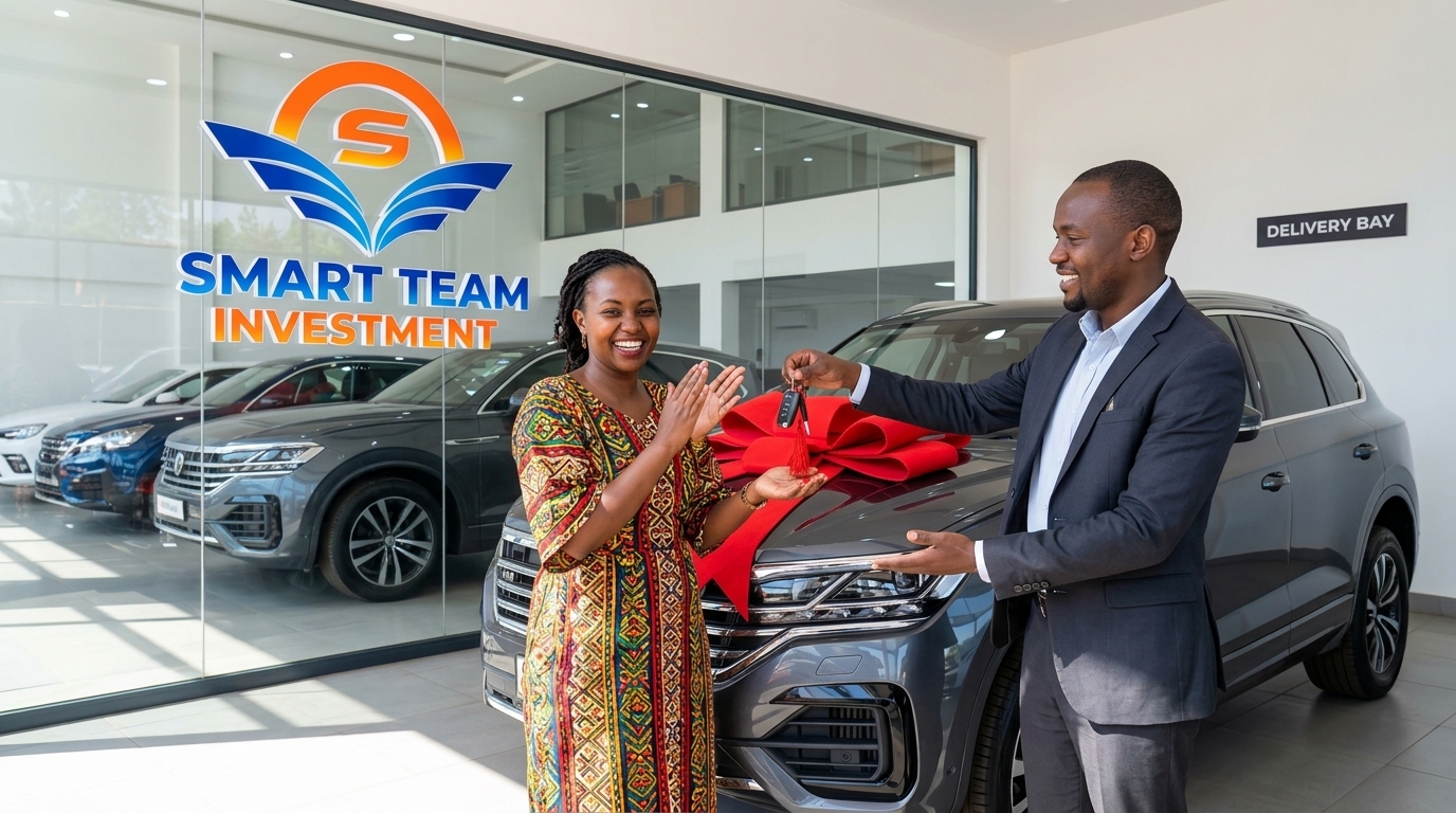 Celebratory car key handover ceremony at Smart Team Investment delivery bay — getting your keys within 14 days