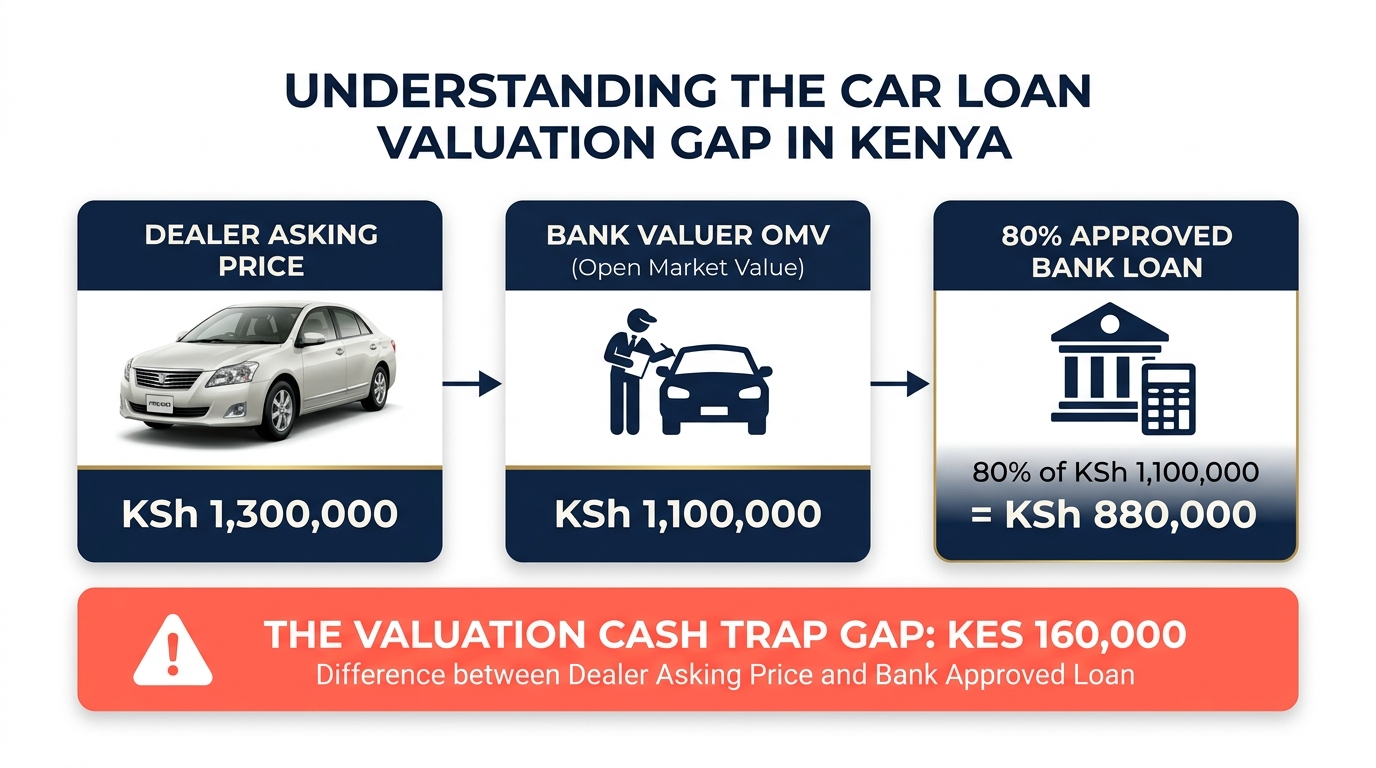 Diagram explaining car valuation gap and bank asset financing loan limits in Kenya