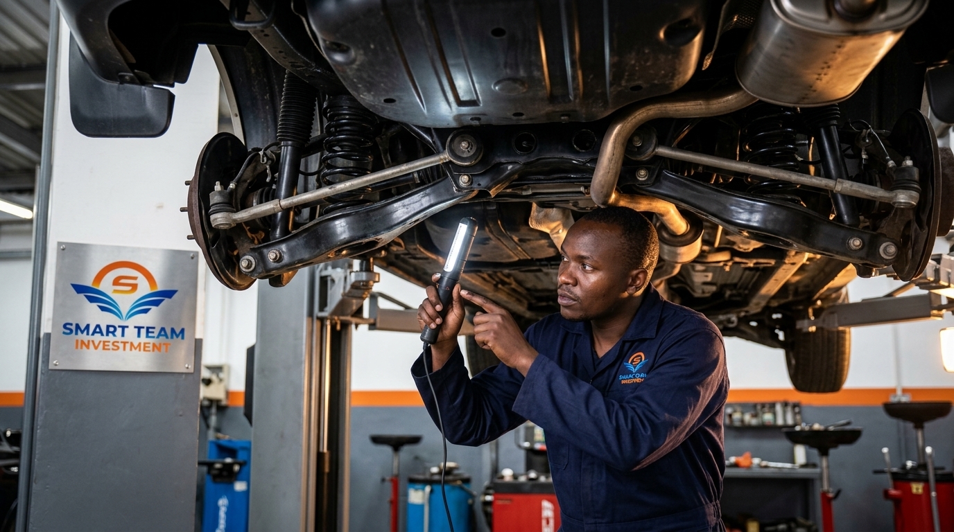 A mechanic's hand running a wrapped magnet along a car's door sill in a Kenyan workshop — the body-filler detection test that exposes repainted accidents before a Smart Team Investment 6-step body-language audit