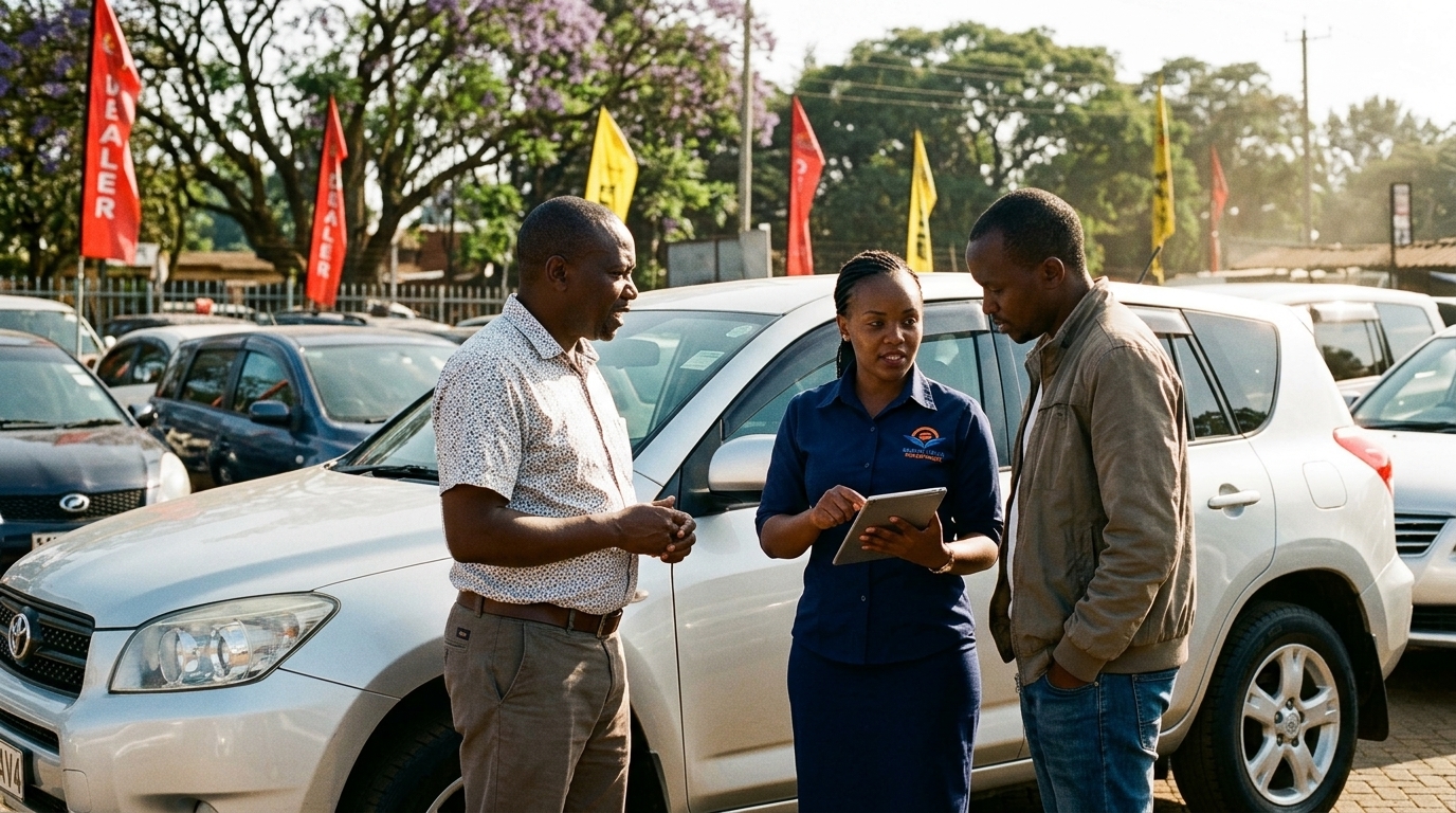 Smart Team Investment automotive due diligence advisor verifying live NTSA eCitizen ownership status alongside buyer and broker at a Nairobi car bazaar