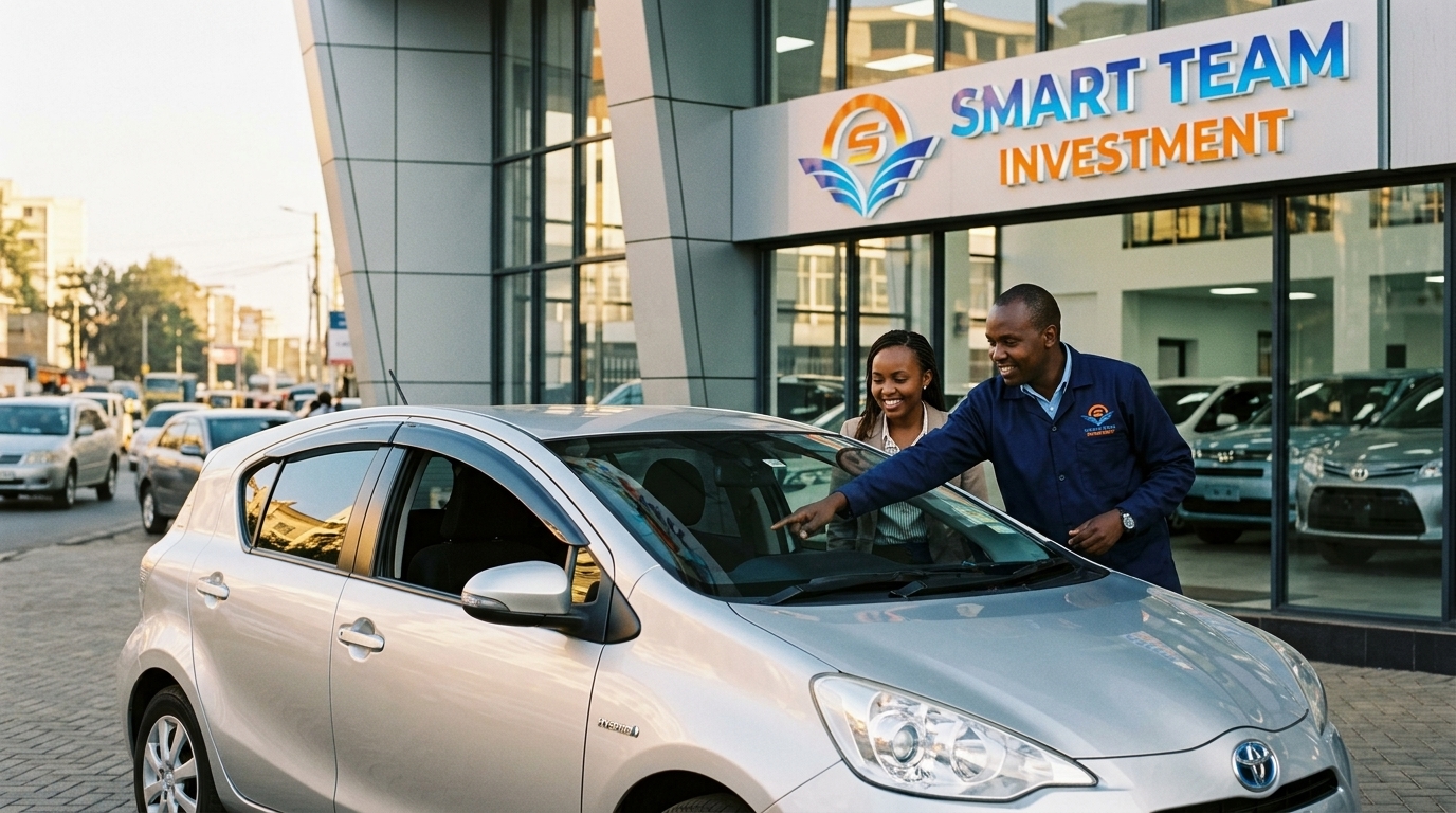 A metallic silver Toyota Aqua hybrid hatchback outside Smart Team Investment showroom in Nairobi with an advisor demonstrating the hybrid synergy drive features
