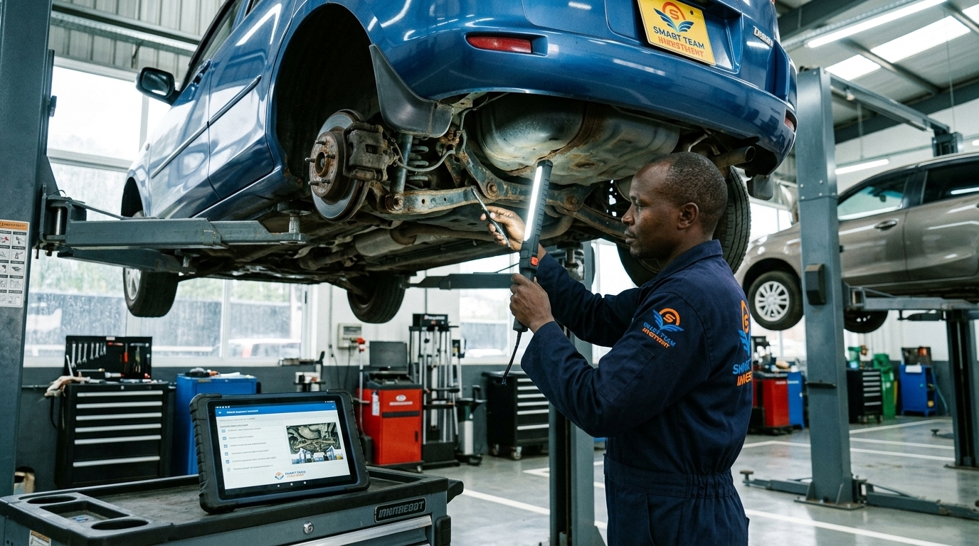 Underbody hoist inspection — the only reliable way to expose Japanese coastal salt rust on a Mazda Demio frame at Smart Team Investment