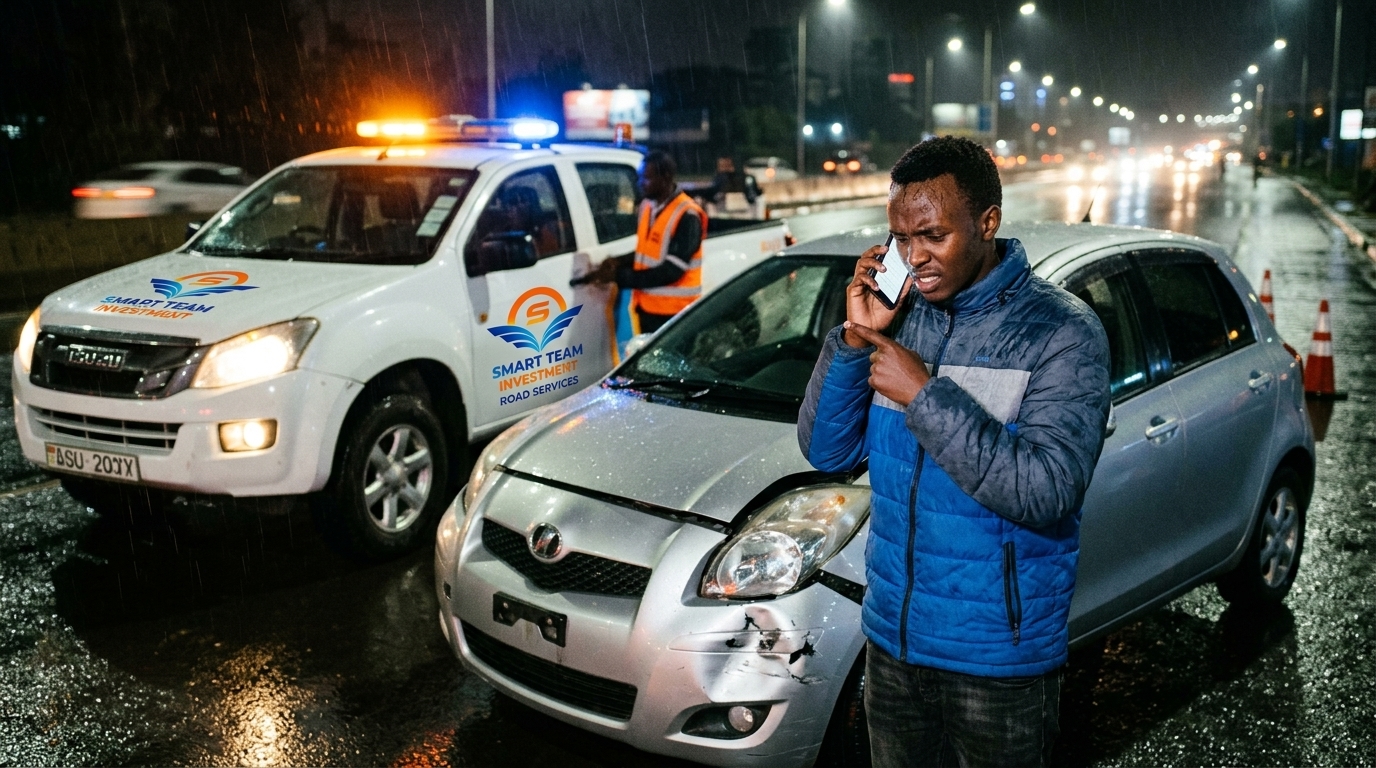 Rainy 11 PM claim scene — the uninsured KSh 180,000 accident nightmare for first-time Kenyan financed car owners