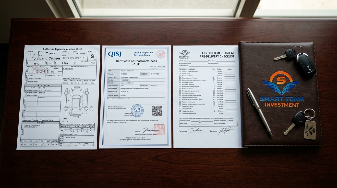 The Three-Document Documentation Trinity — Japanese Auction Sheet, Official QISJ Certificate of Roadworthiness (CoR), and Certified Mechanical Pre-Delivery Checklist at Smart Team Investment