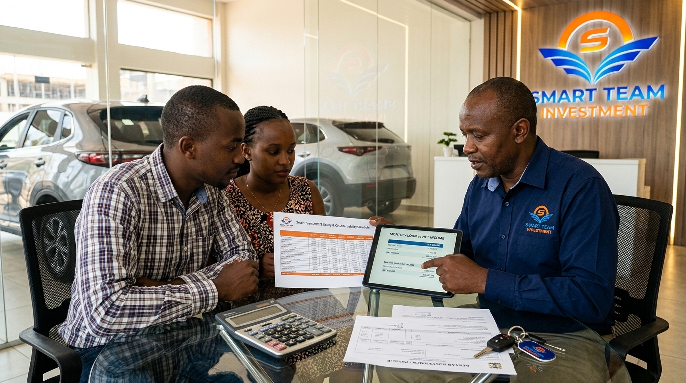 A Nairobi professional scrolling a silver Toyota Fielder listing on his phone at 11:15 PM on payday — the exact moment the 20/3/8 rule must stop him from borrowing KSh 38,000 a month before a Smart Team Investment affordability audit